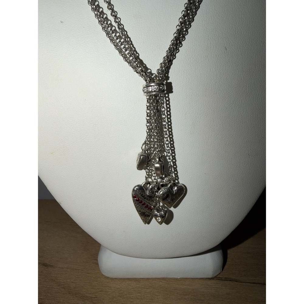 Brighton Necklace Raining Hearts Red & Clear Crystals Pendant Silver Tone Signed
